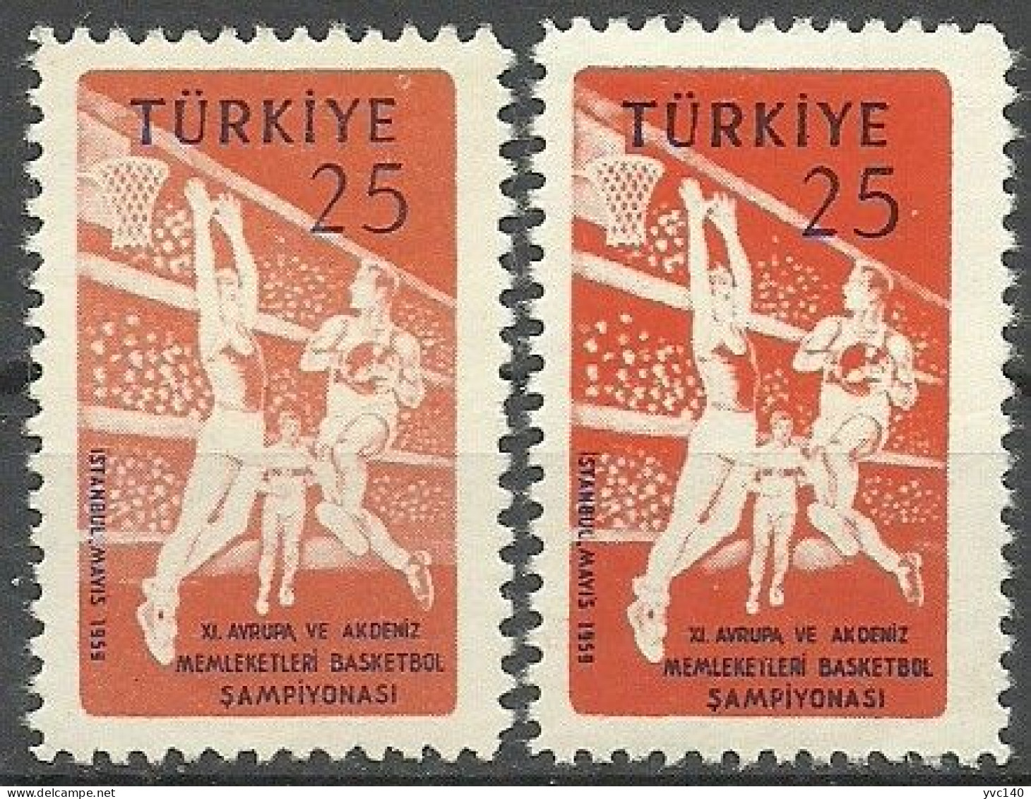 Turkey; 1959 11th European And Mediterranean Basketball Championship "Color Tone Variety" - Unused Stamps