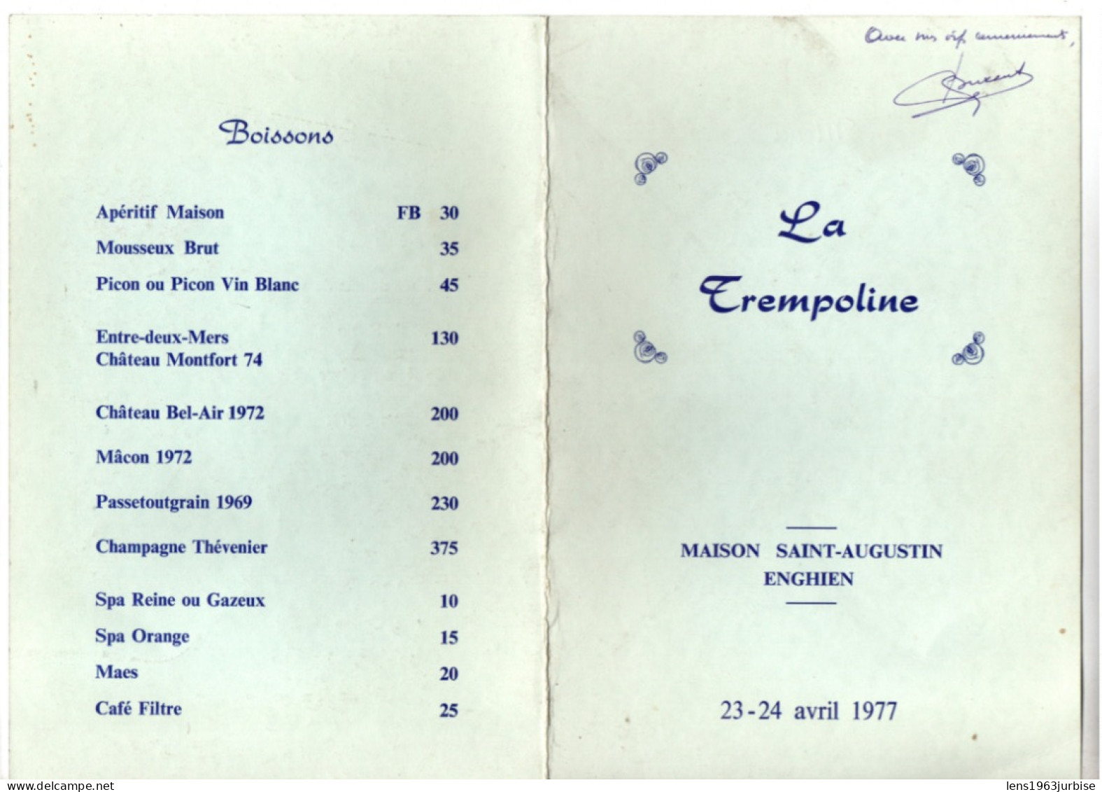 Maison Saint Augustin Enghien , La Trempoline , 23 - 24 Avril 1977 - Menus