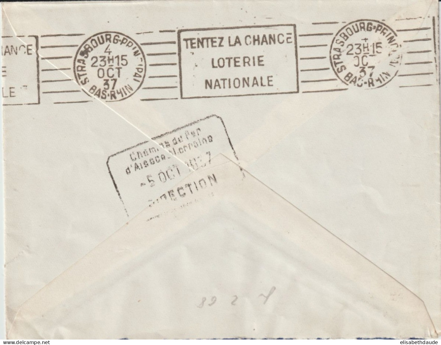 1937- ALSACE - CACHET AMBULANT FERRETTE A MULHOUSE 2° (IND 7) ENVELOPPE => STRASBOURG - Railway Post