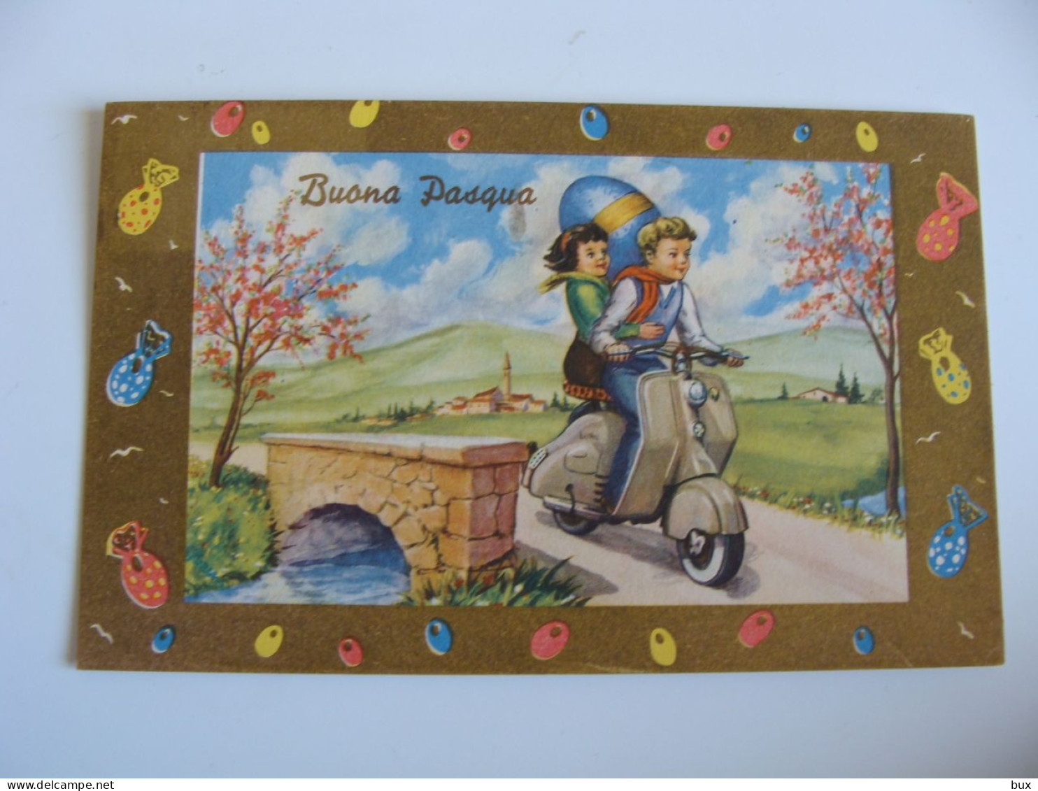 BUONA PASQUA  JOYEUES  PAQUES LAMBRETTA  MOTO MOTOS SCOOTER MOTOCICLO POSTCARD CIRCULE'  CONDITION PHOTO FORMATO PICCOLO - Motorräder