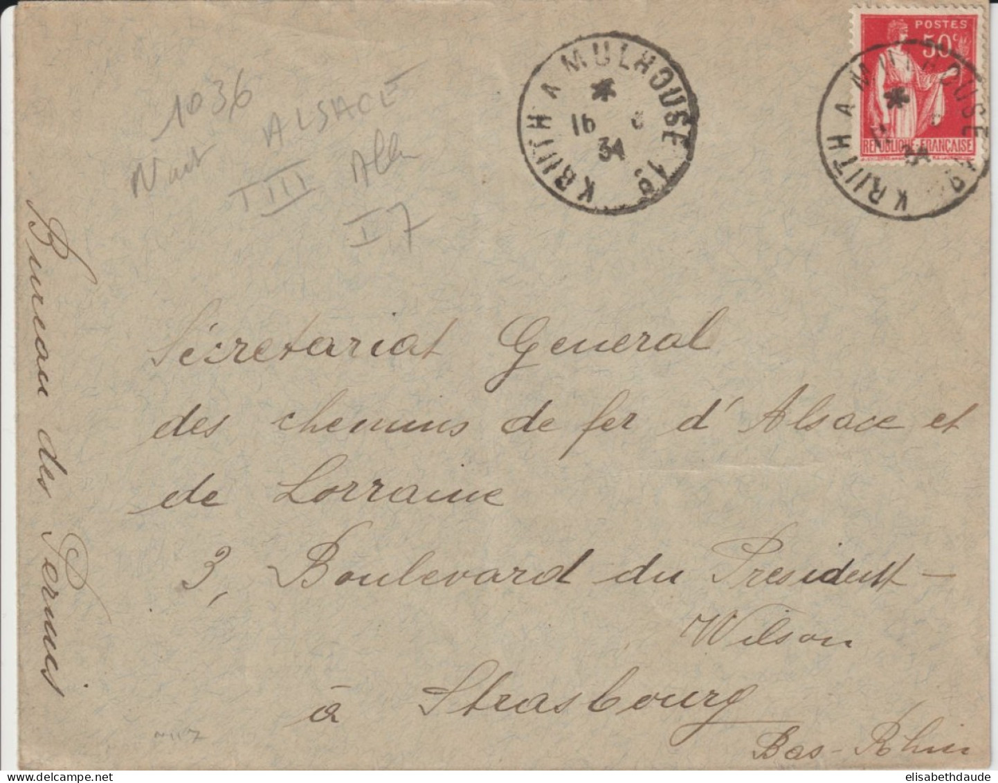 1934 - ALSACE - CACHET AMBULANT KRUTH A MULHOUSE 1° (IND 7) ENVELOPPE => STRASBOURG - Railway Post