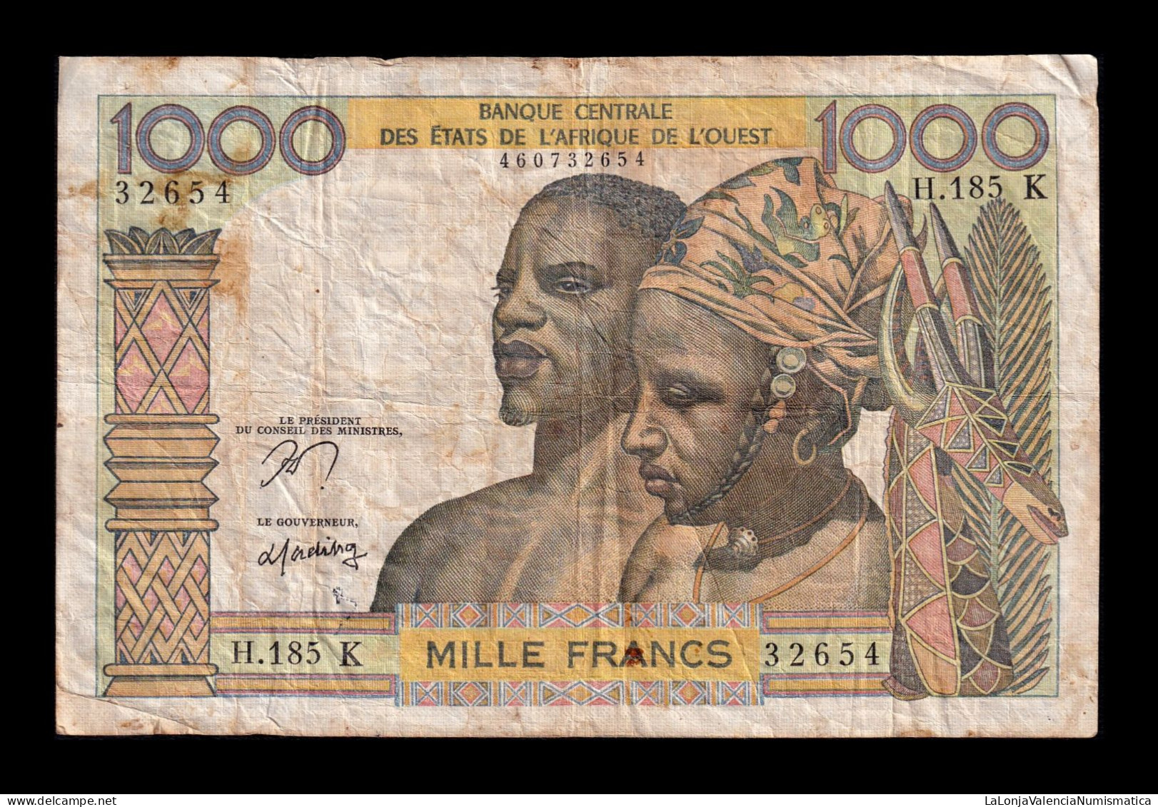 West African St. Senegal 1000 Francs ND (1959-1965) Pick 703Kn Bc/Mbc F/Vf - West African States