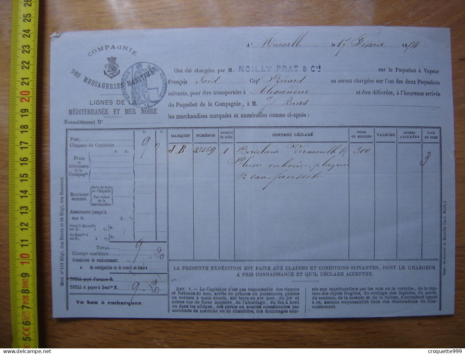 1874 Facture COMPAGNIE MESSAGERIES MARITIMES Noilly Prat Sur SAID To ALEXANDRIE - Other & Unclassified