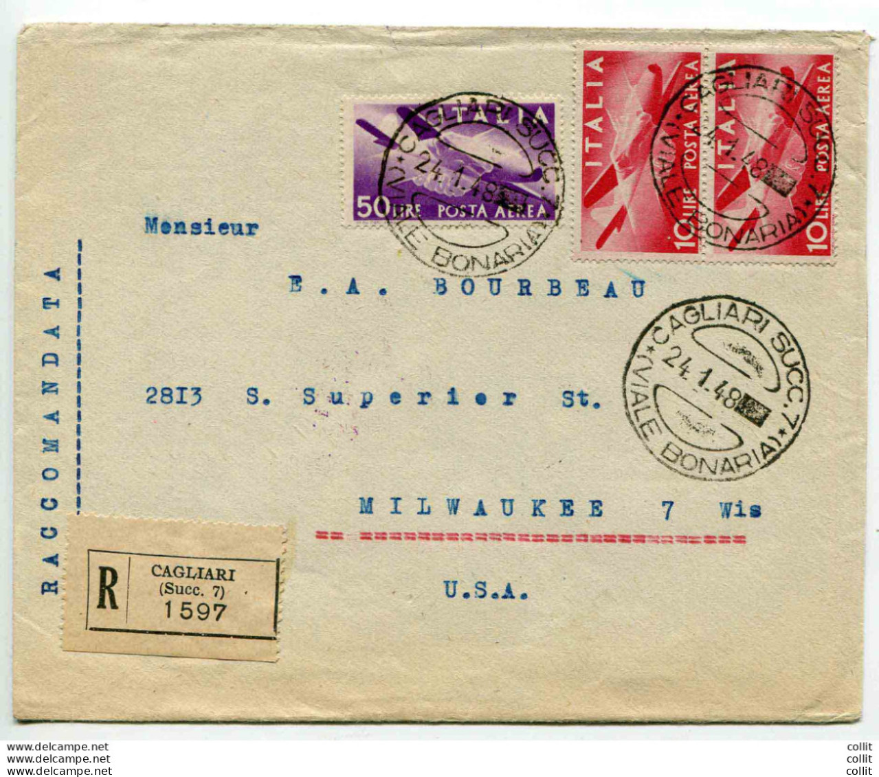 Posta Aerea Lire 50 Su Busta Racc. Per Gli USA - 1946-60: Storia Postale
