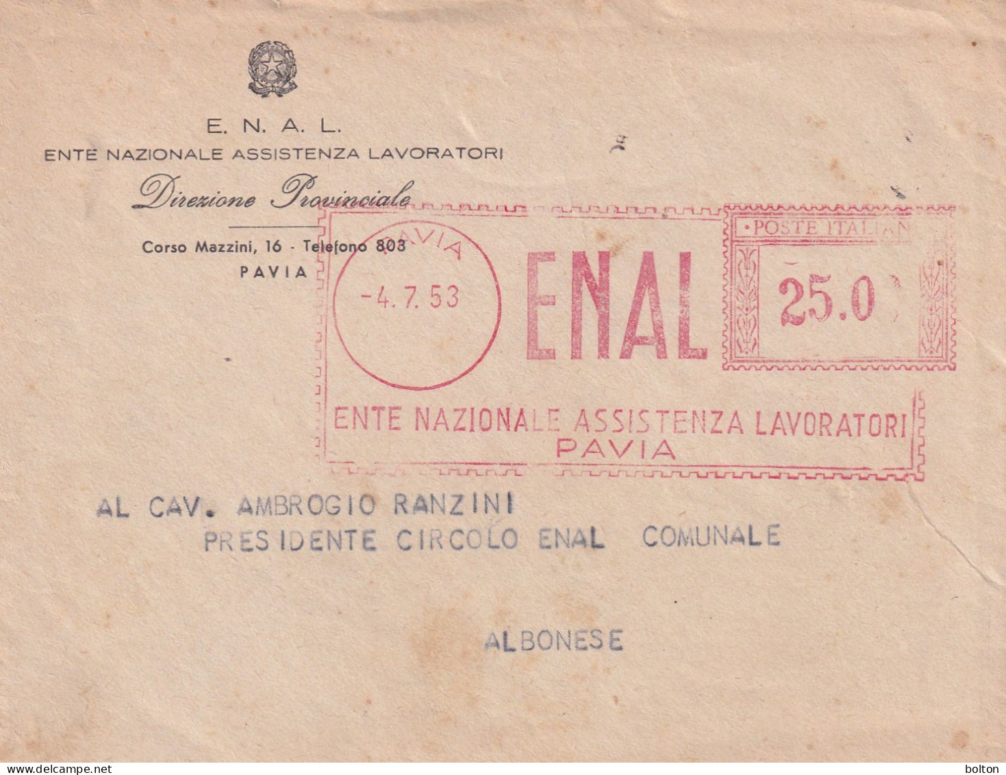 1953 BUSTA Con Affrancatura Meccanica Rossa   EMA  ENAL ENTE NAZIONALE ASSISTENZA LAVORATORI PAVIA - Marcofilía