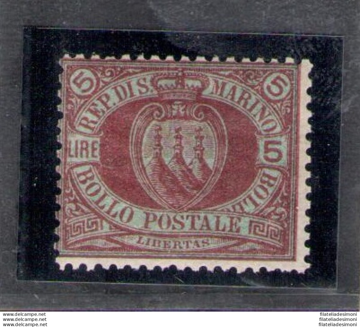 1892-94 SAN MARINO, Catalogo Sassone N. 22a - 5 Lire Carminio Su Verde Scuro - MNH** - Certificato Bolaffi Storico - Sonstige & Ohne Zuordnung