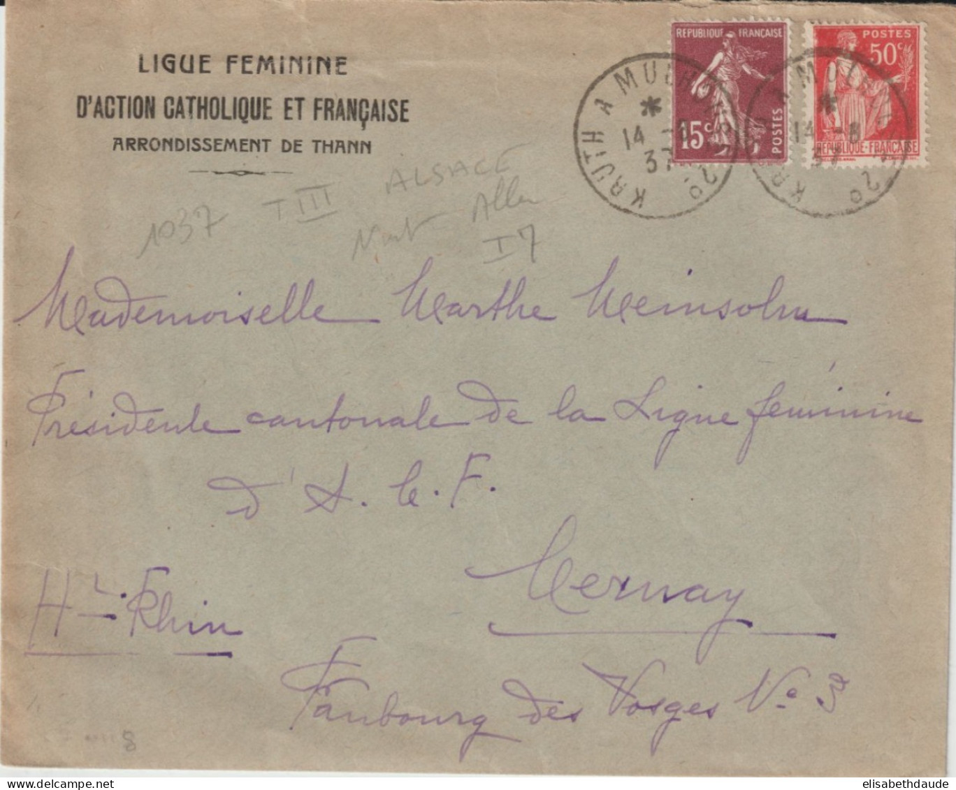 1937 - ALSACE - CACHET AMBULANT KRUTH A MULHOUSE 2° (IND 7) ENVELOPPE De THANN => CERNAY - Railway Post