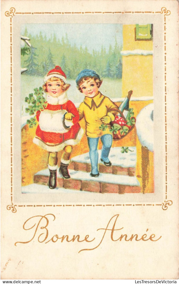 FETES ET VOEUX - Nouvel An - Deux Enfants Descendant Les Escaliers Avec Un Panier - Colorisé - Carte Postale Ancienne - New Year