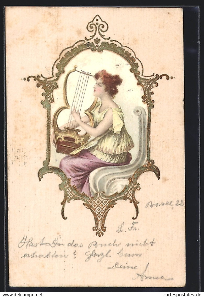 Präge-Lithographie Junge Dame Mit Harfe, Jugendstil  - Other & Unclassified