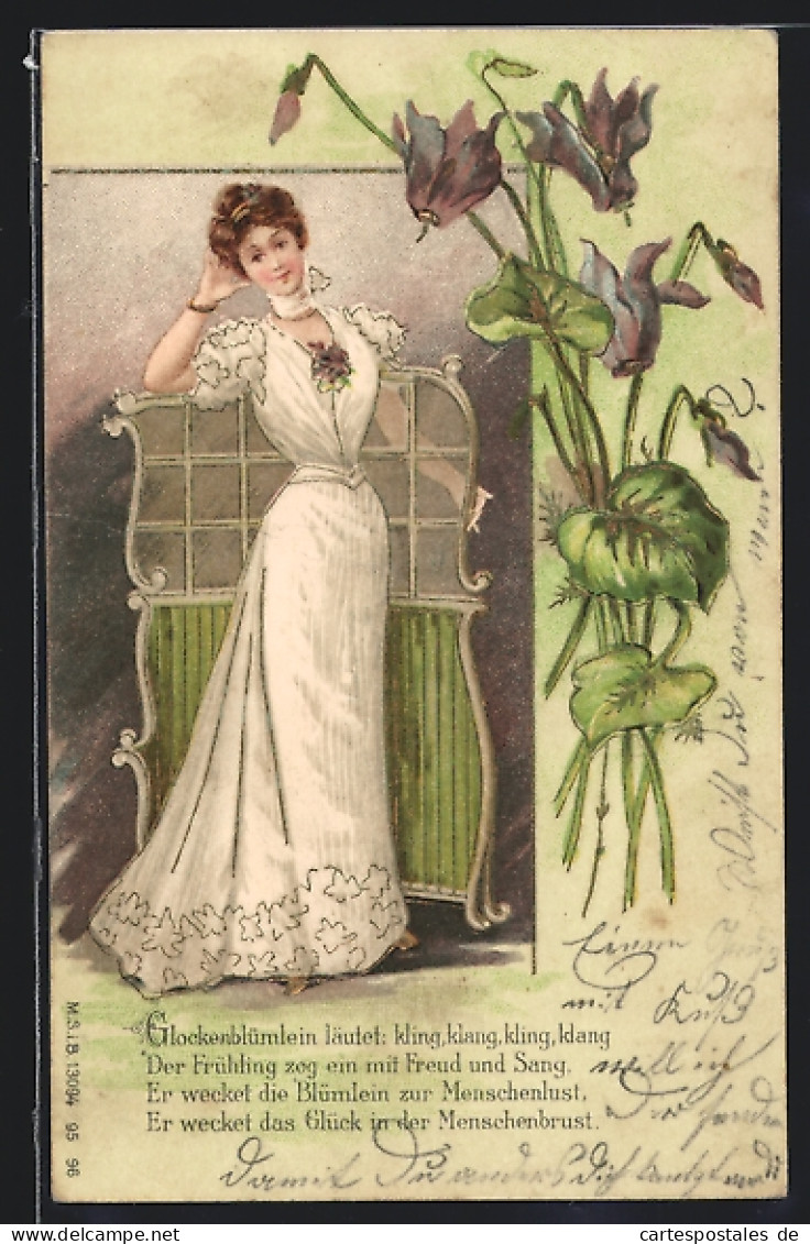 Lithographie Junge Frau In Weissem Kleid Mit Violetter Blume, Jugendstil  - Autres & Non Classés