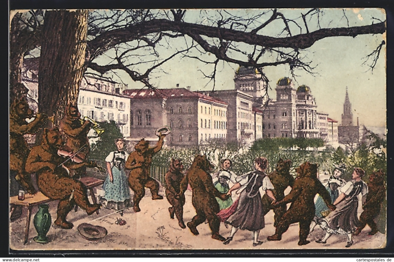 Künstler-AK Bern, Teilansicht, Tanzende Trachtenmädel Und Bären, Musizierende Bären  - Berna