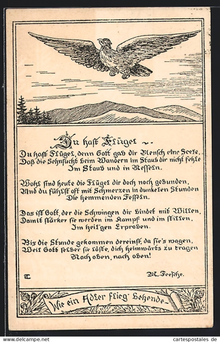 AK Fliegender Adler, Gedicht Du Hast Flügel  - Birds