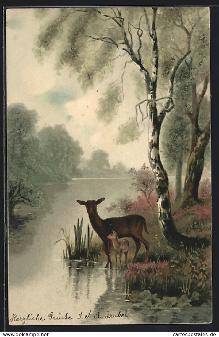 Künstler-AK Meissner & Buch (M&B) Nr. 1229: Wald-Idyll, Uferpartie Mit Rehen  - Altri & Non Classificati