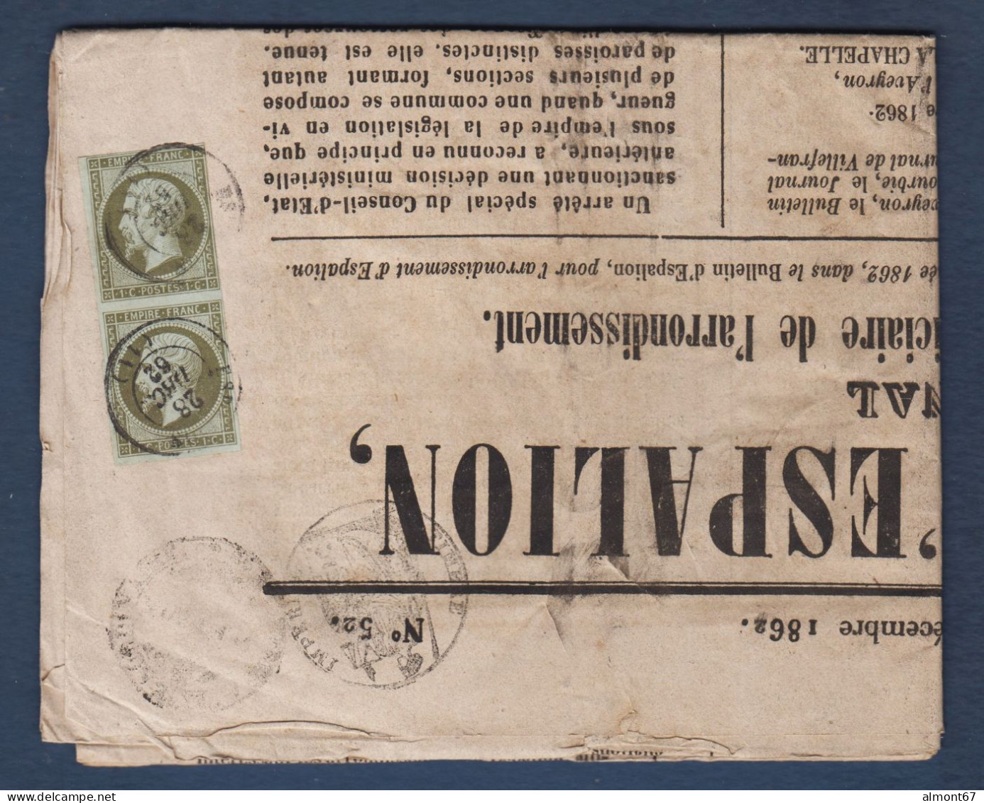 Napoléon  Paire N° 11 Sur Journal Entier Bulletin D' Espalion - 1853-1860 Napoléon III