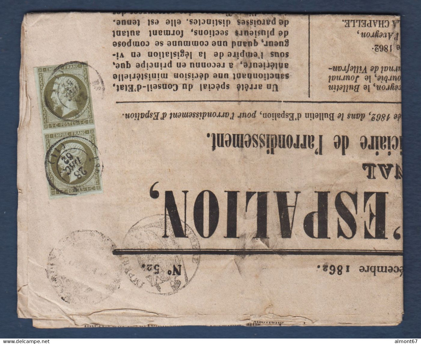 Napoléon  Paire N° 11 Sur Journal Entier Bulletin D' Espalion - 1853-1860 Napoléon III.