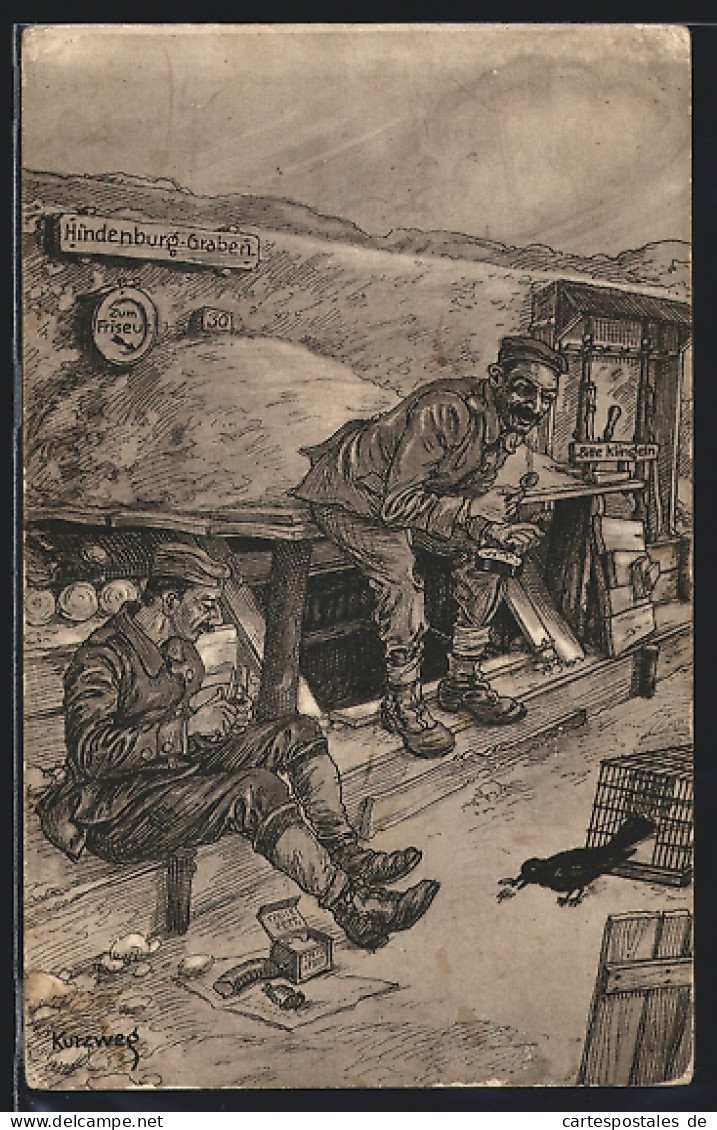 Künstler-AK Soldaten Im Schützengraben Bei Einer Mahlzeit  - Guerre 1914-18