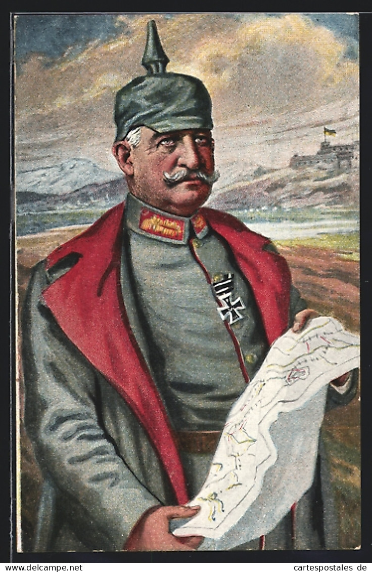 AK General Von Linsingen In Uniform Mit Orden Eisernes Kreuz Und Pickelhaube Und Landkarte  - Guerre 1914-18
