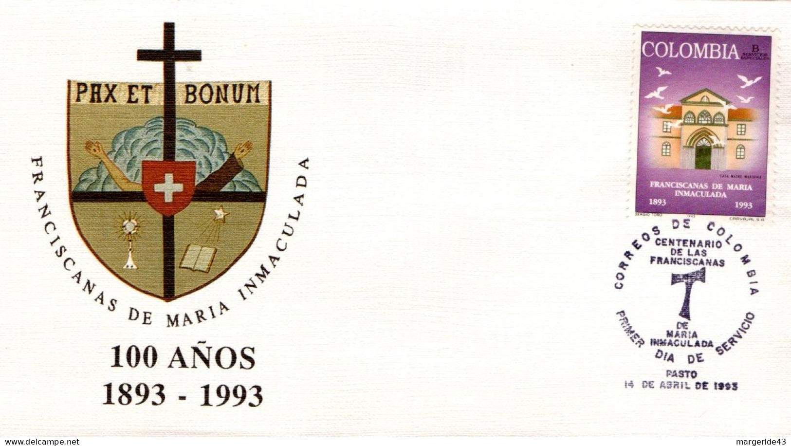 COLOMBIE FDC 1993 100 ANS DES FRANCISCAINE DE MERIE IMMACULEE - Christianity