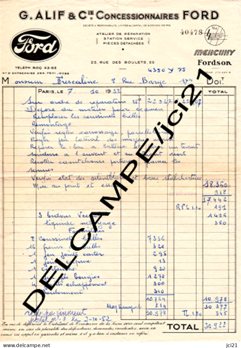 Paris - G.ALIF&Cie Concessionnaire FORD  MERCURY-FORDSON [Facture]_Df9 - Automobile