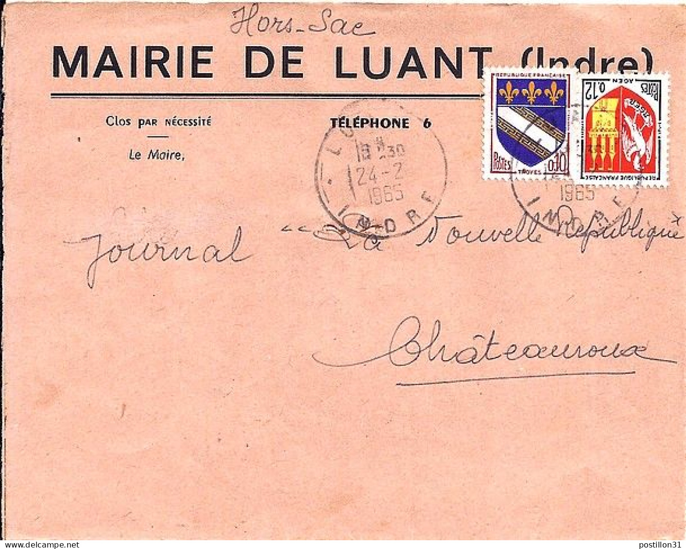 ARMOIRIES ET BLASONS N° 1353/1353A S/DEVANT De L. HORS SAC DE LUANT/1965 - 1941-66 Armoiries Et Blasons