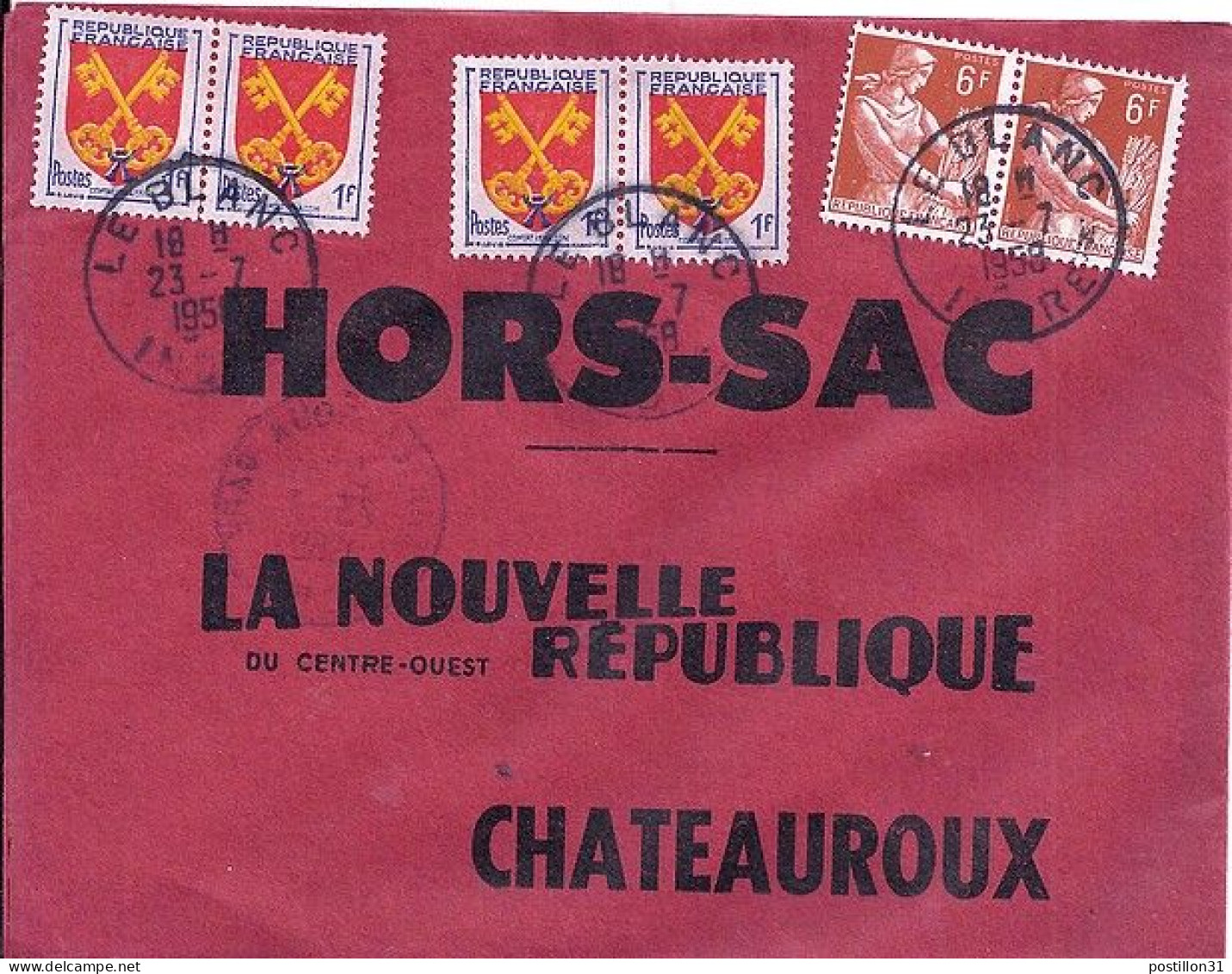 MOISSONNEUSE N° 1115x2/1047x4 S/L.HORS SAC DE LE BLANC/23.7.58 - 1957-1959 Moissonneuse