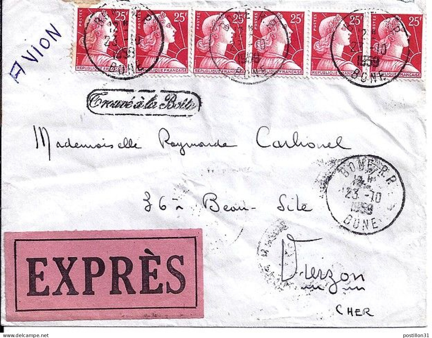 MARIANNE DE MULLER N° 1011Cx6 S/L.EXPRES DE BONE(ALGERIE)23.10.59 - 1955-1961 Marianne (Muller)