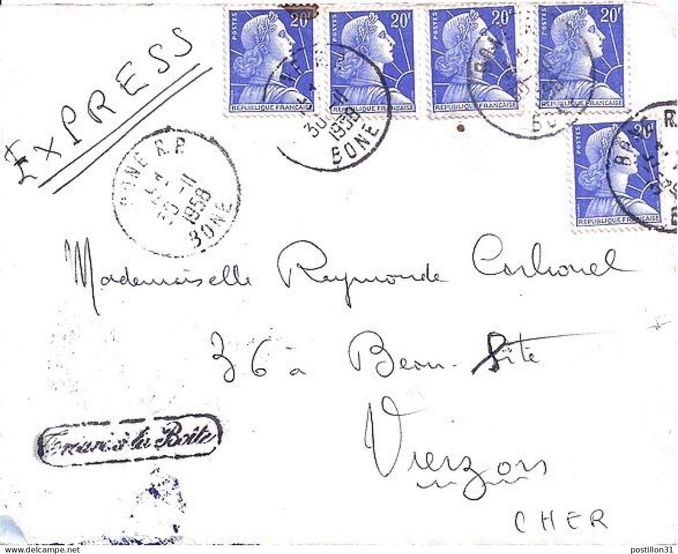 MARIANNE DE MULLER N° 1011Bx5 S/L.EXPRES DE BONE(ALGERIE)/30.11.58 POUR LA FRANCE - 1955-1961 Marianne (Muller)