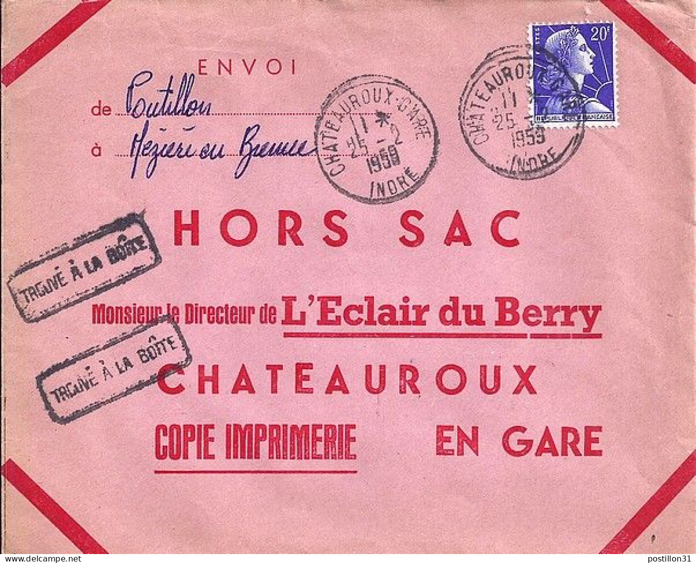 MARIANNE DE MULLER N° 1011B S/L.HORS SAC DE CHATEAUROUX GARE/25.2.59 + « TROUVE A LA BOITE » - 1955-1961 Marianne Van Muller