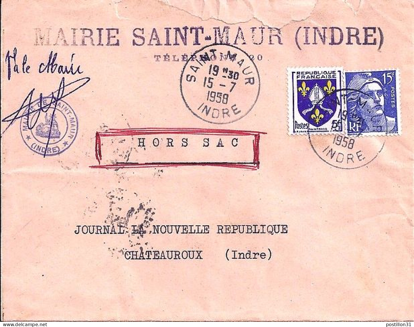 MARIANNE DE GANDON N° 886 + 1005 S/L.HORS SAC DE ST MAUR/15.7.58 - 1945-54 Maríanne De Gandon