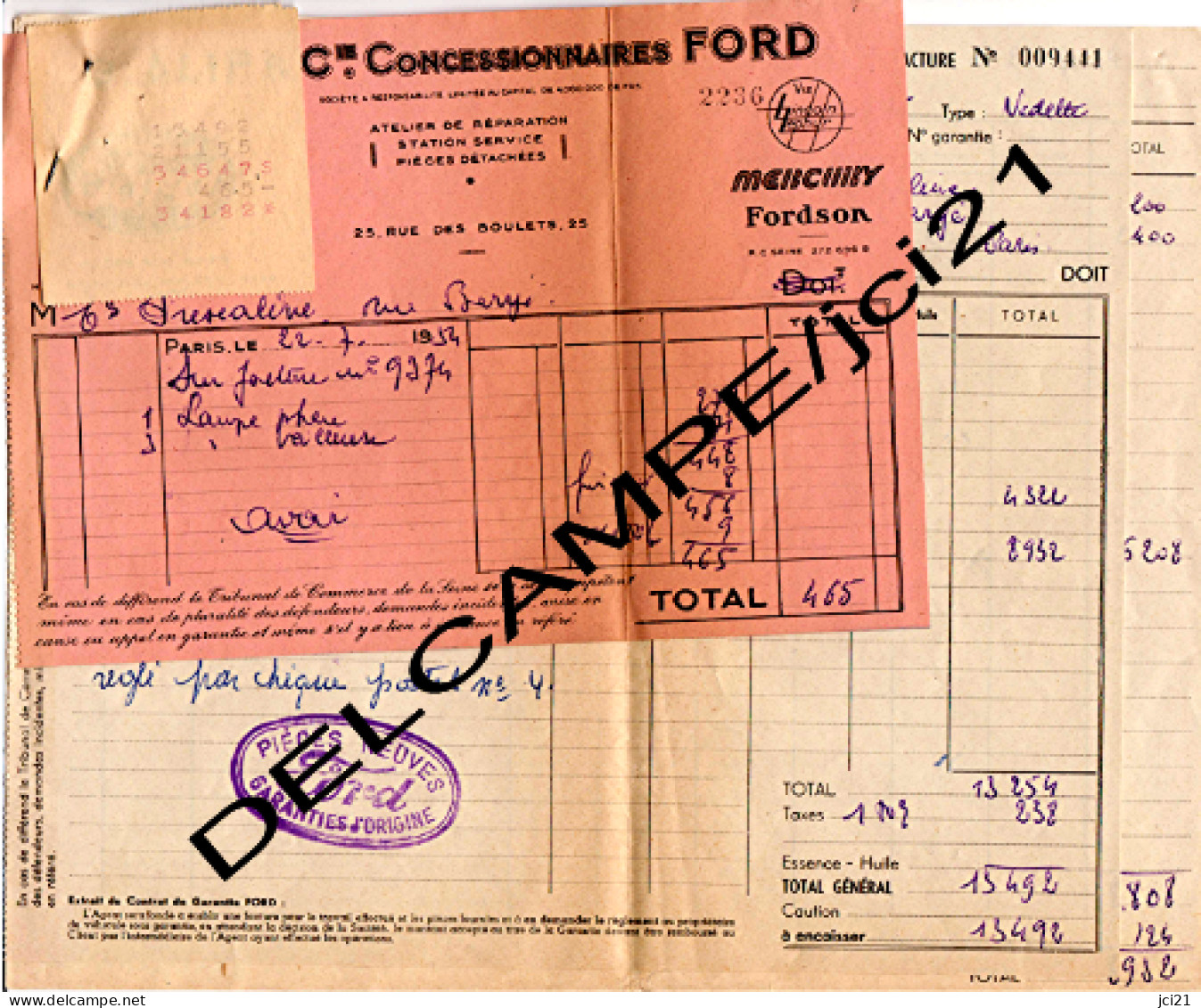 Paris - G.ALIF&Cie Concessionnaire FORD  MERCURY-FORDSON [Facture, Bon Rose Et Ticket]_Df11 - Auto's