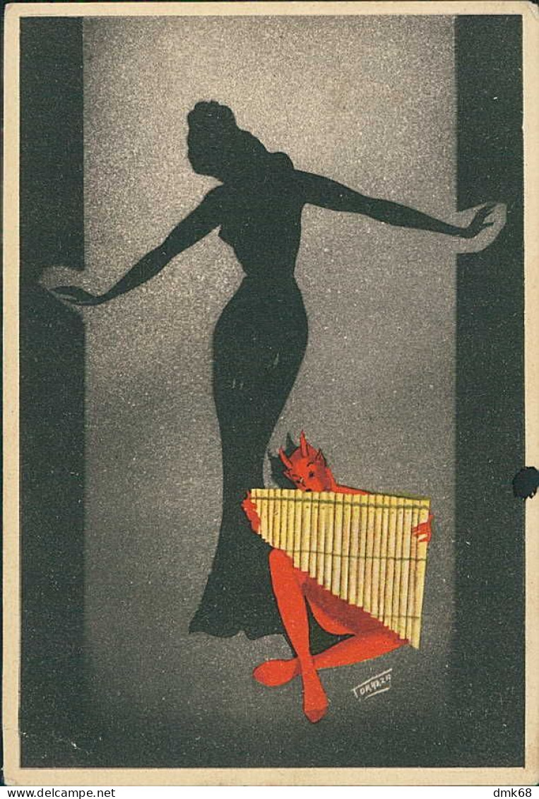 TORAZZA SIGNED 1940s POSTCARD - DEVIL PLAYING PAN FLUTE &  SILHOUETTE DANCING - EDIT CASA D'ARTE ROTA / MILANO (5740) - Sonstige & Ohne Zuordnung