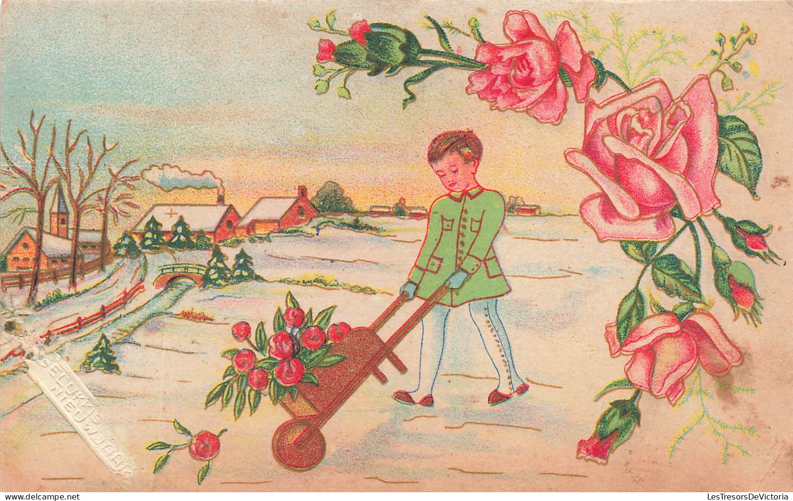 FETES ET VOEUX - Nouvel An - Un Enfant Poussant Une Brouette Rempli De Roses - Colorisé - Carte Postale Ancienne - New Year