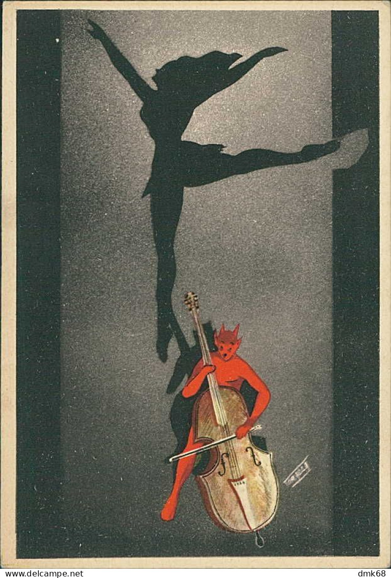 TORAZZA SIGNED 1940s POSTCARD - DEVIL PLAYING CONTRABASS &  SILHOUETTE DANCING - EDIT CASA D'ARTE ROTA / MILANO (5741) - Altri & Non Classificati