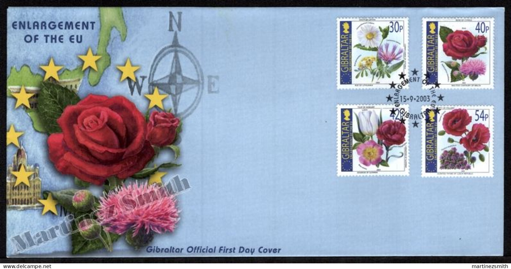 Gibraltar FDC 2003 Yvert 1051-54, Enlargement Of The European Union, Flora, Flowers - Topical Cover - Gibraltar