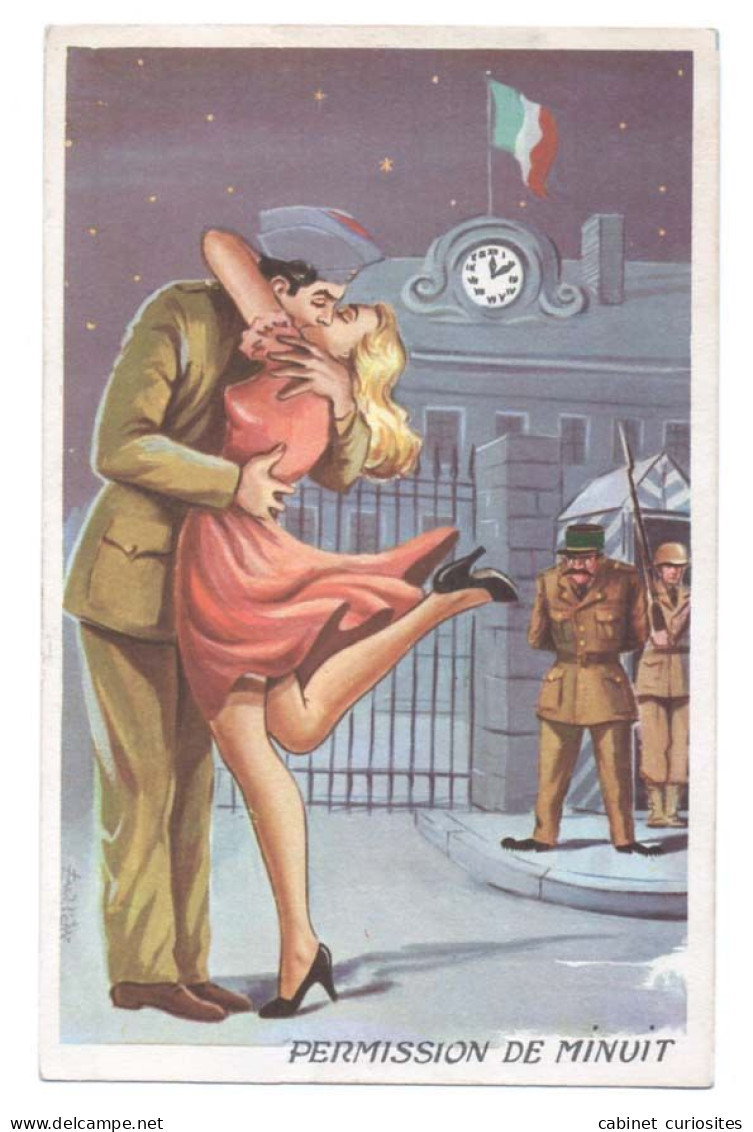 Illustrateur Louis Carrière - Permission De Minuit - Militaire En Retard (00h10) Embrasse Sa Pin-up Devant La Caserne - Carrière, Louis