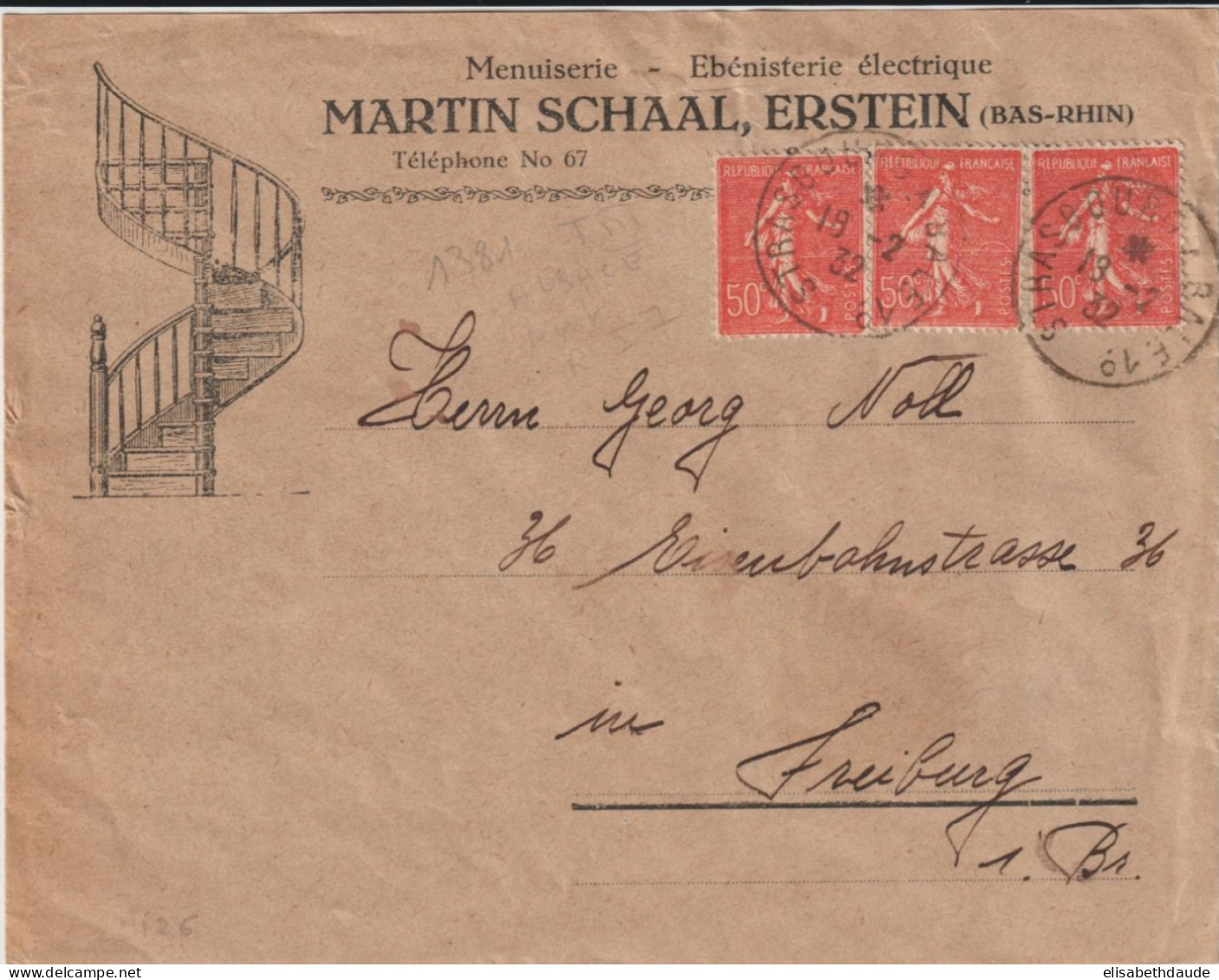 1932 - ALSACE - CACHET AMBULANT STRASBOURG A BALE 1° (IND 4) ENV. PUB DECOREE ! De ERSTEIN  => FREIBURG (ALLEMAGNE) - Poste Ferroviaire
