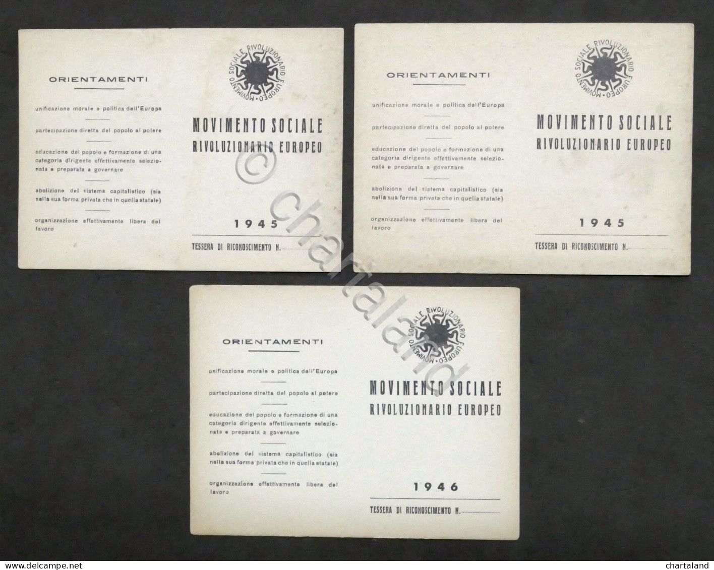 Lotto 3 Tessere Movimento Sociale Rivoluzionario Europeo - 1945 / 1946 - Unclassified