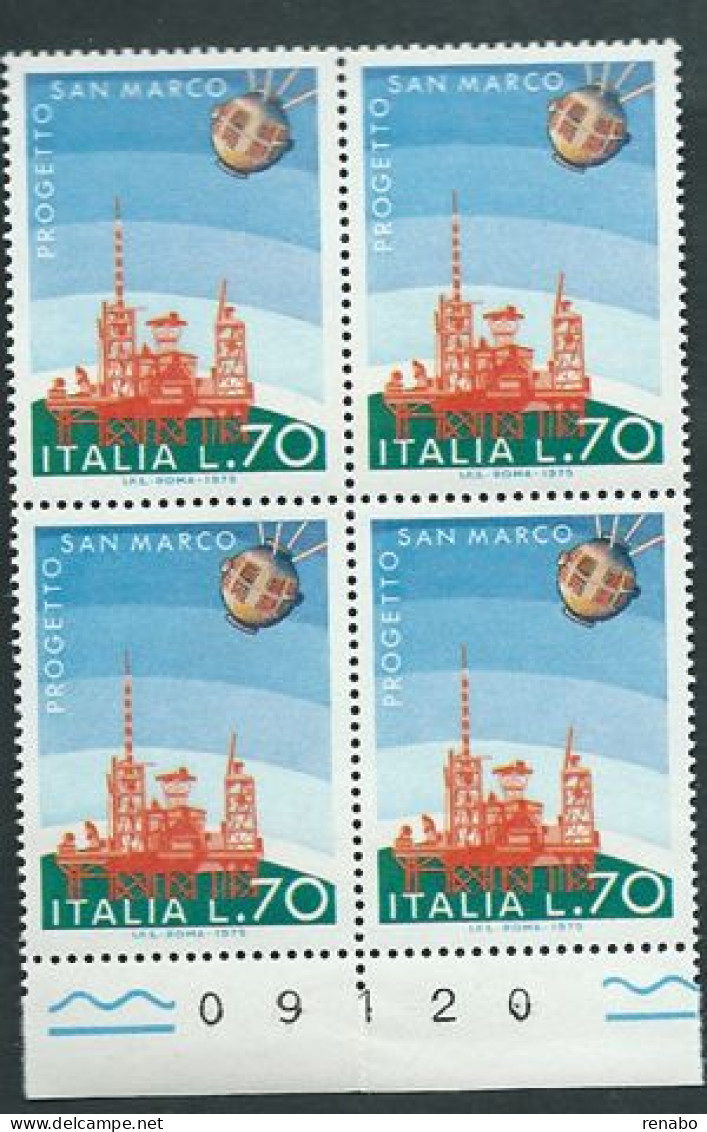 Italia 1975; Satellite San Marco E Piattaforma: Imprese Spaziali Italiane. Quartina Di Bordo Con Il Numero Del Foglio. - 1971-80:  Nuovi