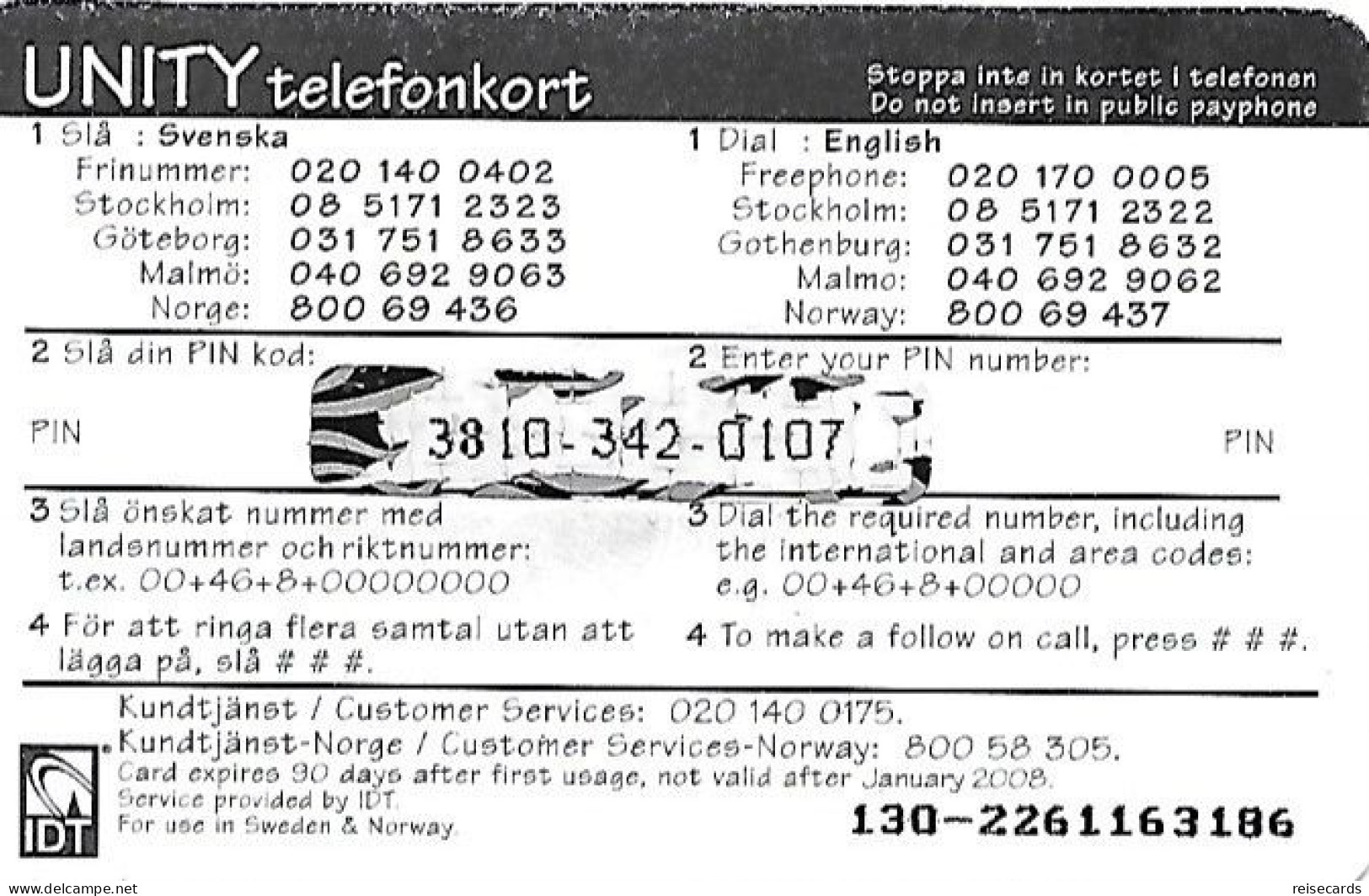 Sweden: Prepaid IDT - Unity 01.08 - Schweden