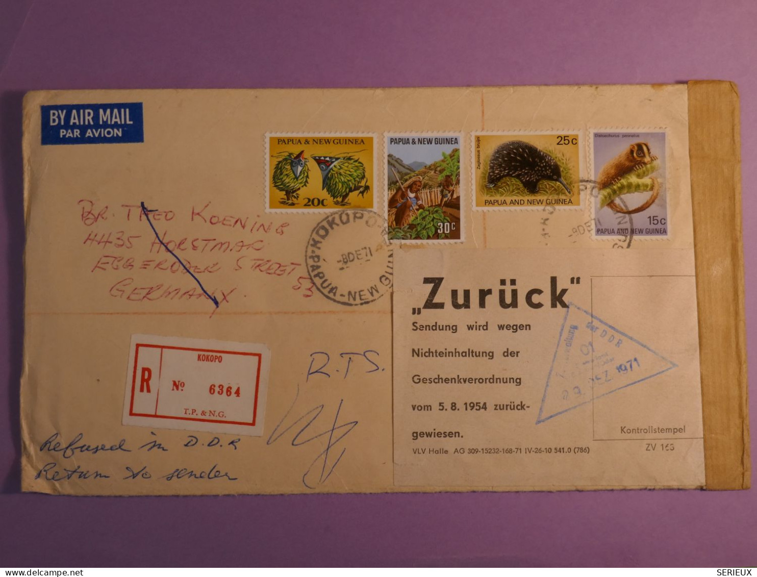 DO15 PAPOUASIE . PAPUA NEW GUINEA RARE FINE LETTER ZURUCK REFUSED 1971 KOKOPO A HORTSMAR GERMANY + AFF. GREAT +++++ - Papoea-Nieuw-Guinea