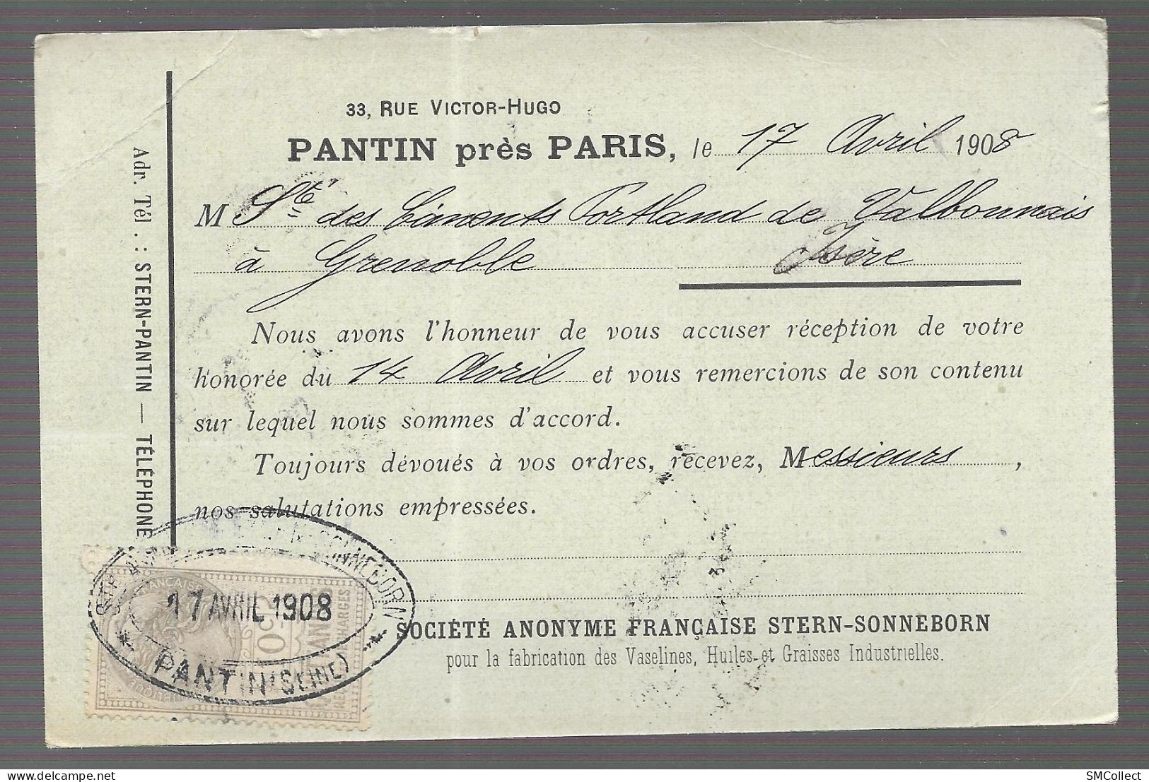 Pantin. Société Anonyme Française Stern-Sonneborn. Timbre Quittances Et Décharges 10c Sur Carte Postale ??? (A17p43) - 1877-1920: Période Semi Moderne