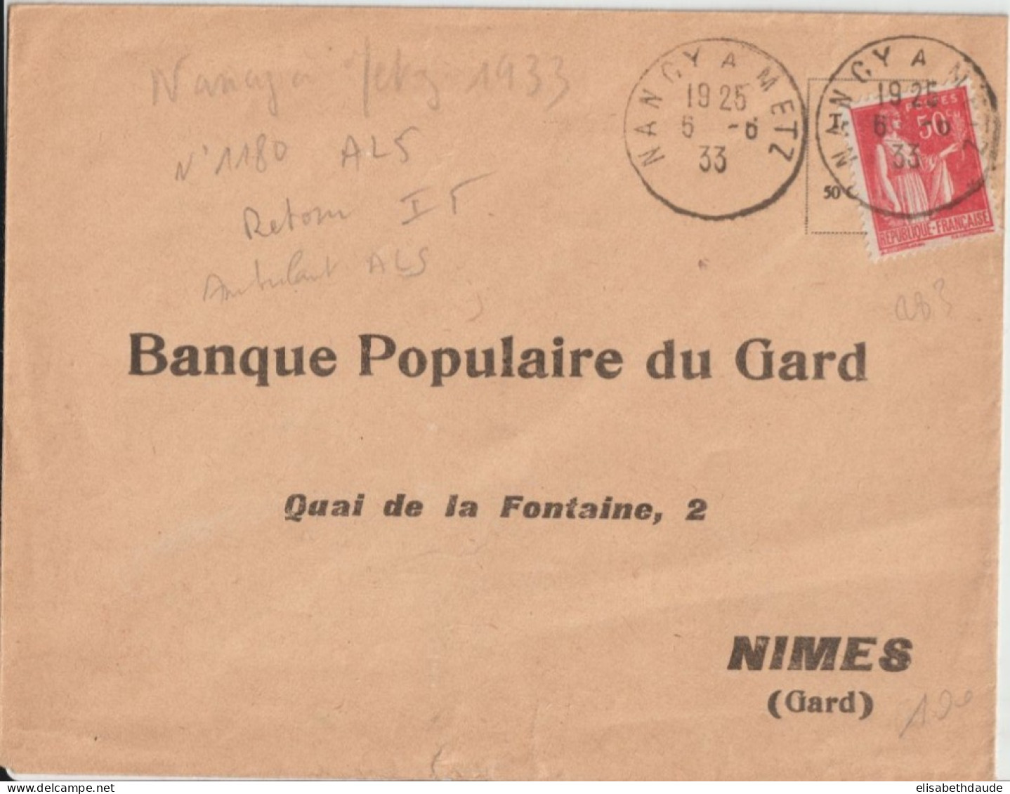 1933 - ALS - CACHET AMBULANT NANCY A METZ (IND 5) ENVELOPPE  => NIMES - Poste Ferroviaire
