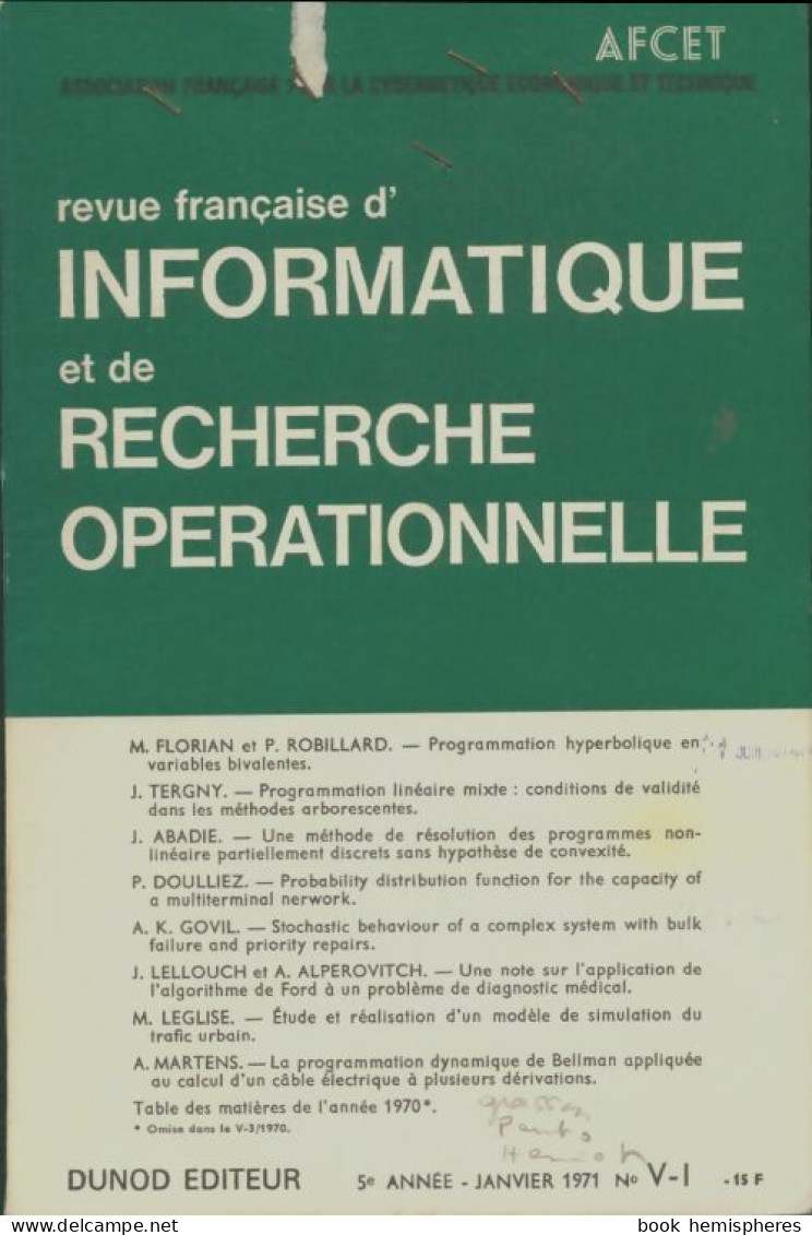 Revue Française D'informatique Et De Recherche Opoérationnelle N°V-1 1971 (1971) De Collectif - Unclassified