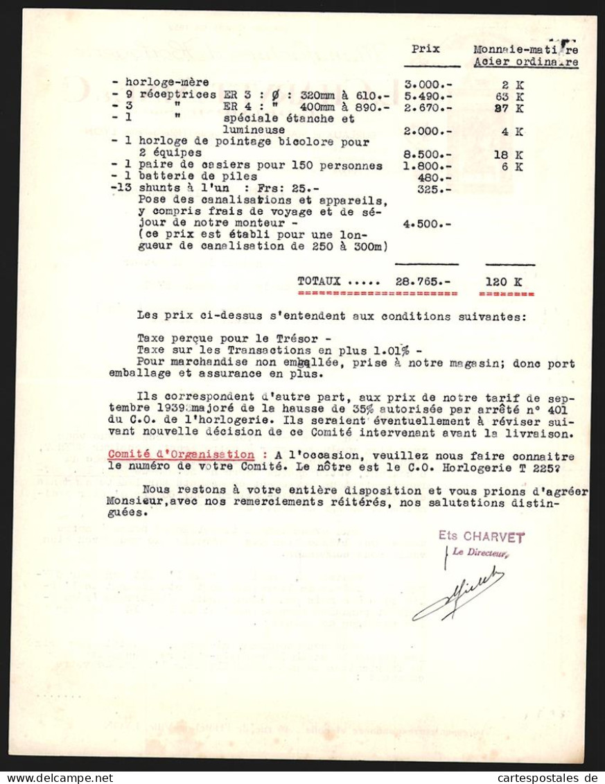 Facture Lyon 1942, L. Charvet Ainé & Cie., Manufacture D`Horlogerie,  Vue De Eines Schaufensters  - Andere & Zonder Classificatie