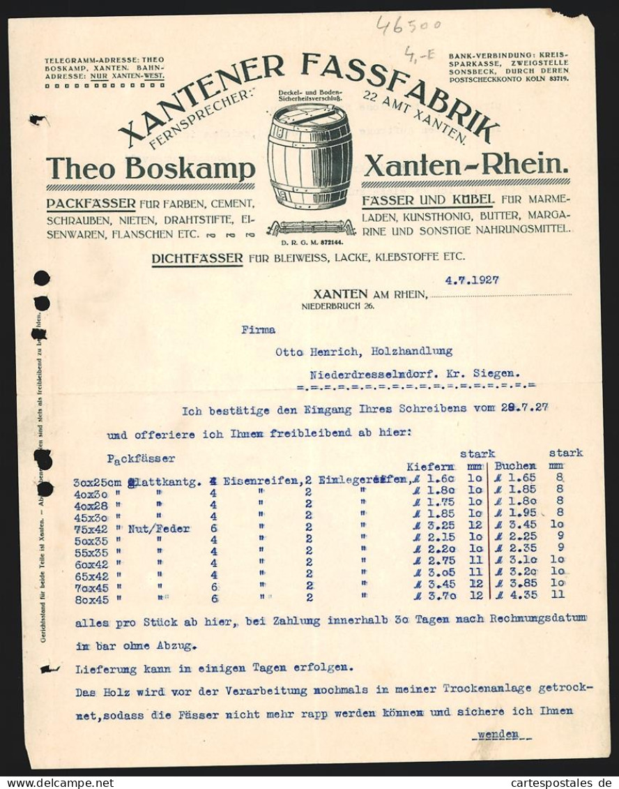 Rechnung Xanten / Rhein 1927, Theo Boskamp, Xantener Fassfabrik, Fass Mit Deckel- Und Boden-Sicherheitsverschluss  - Otros & Sin Clasificación