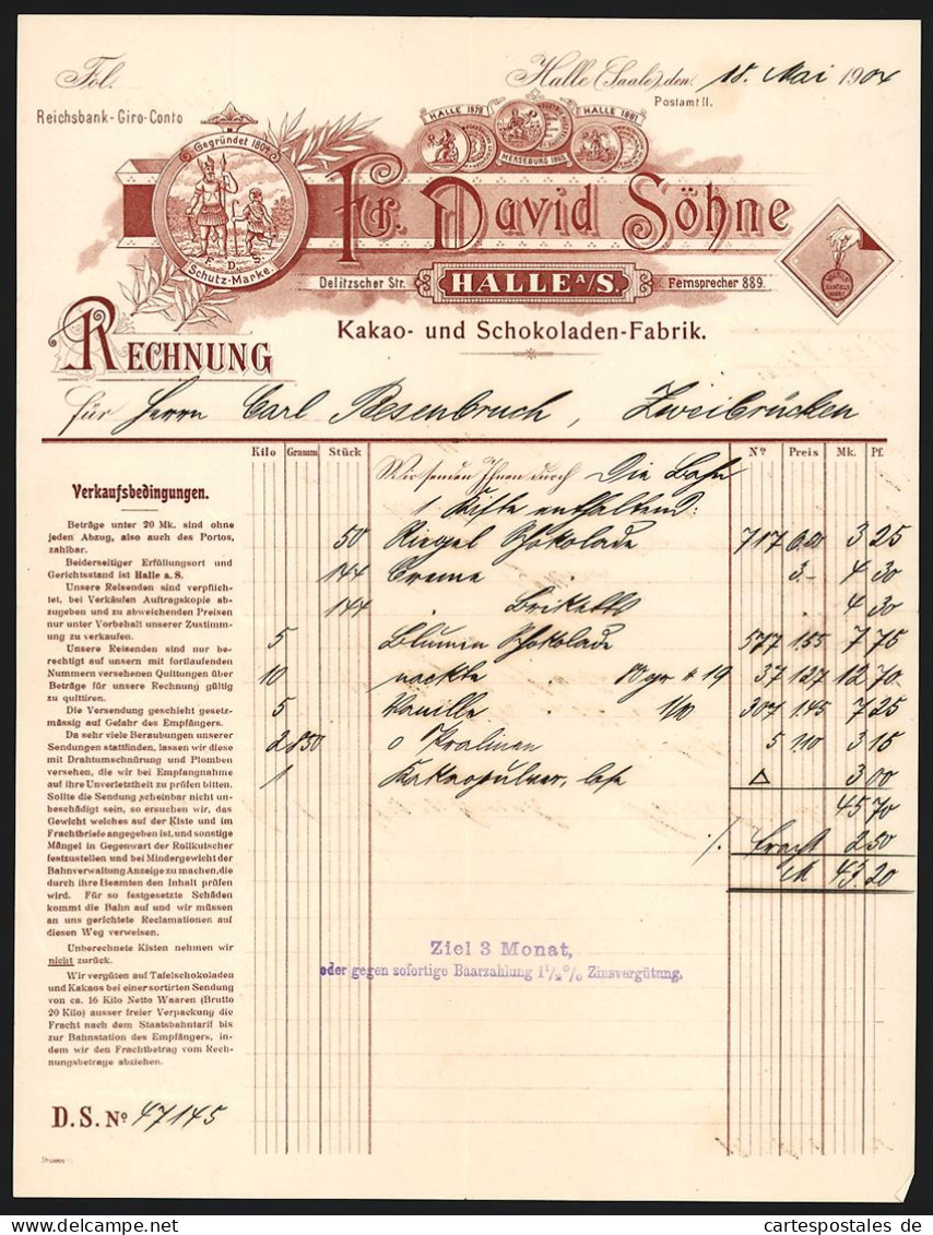 Rechnung Halle /Saale, 1904, Fr. David Söhne, Kakao- Und Schokoladen-Fabrik, Schutzmarke Krieger Und Hirte, Medaillen  - Other & Unclassified