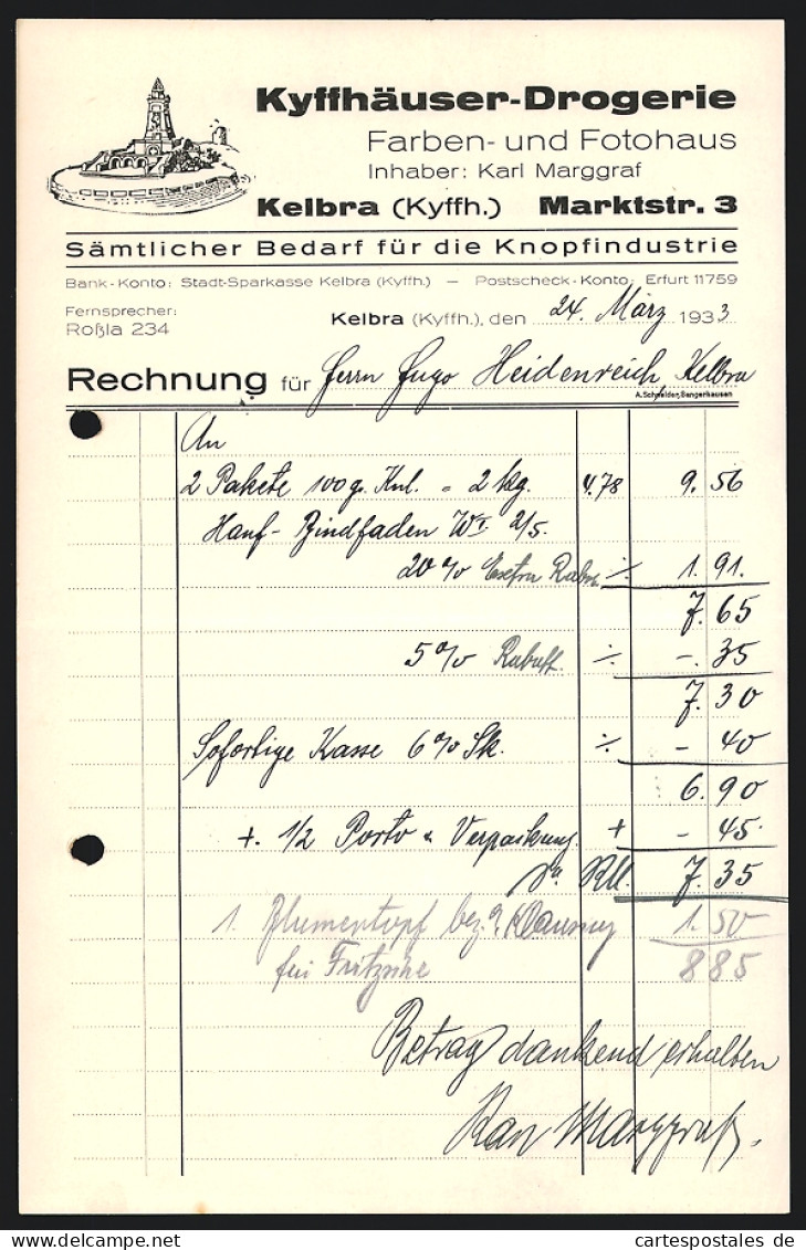 Rechnung Kelbra /Kyffh., 1933, Karl Marggraf, Kyffhäuser-Drogerie, Das Kyffhäuser-Denkmal  - Autres & Non Classés