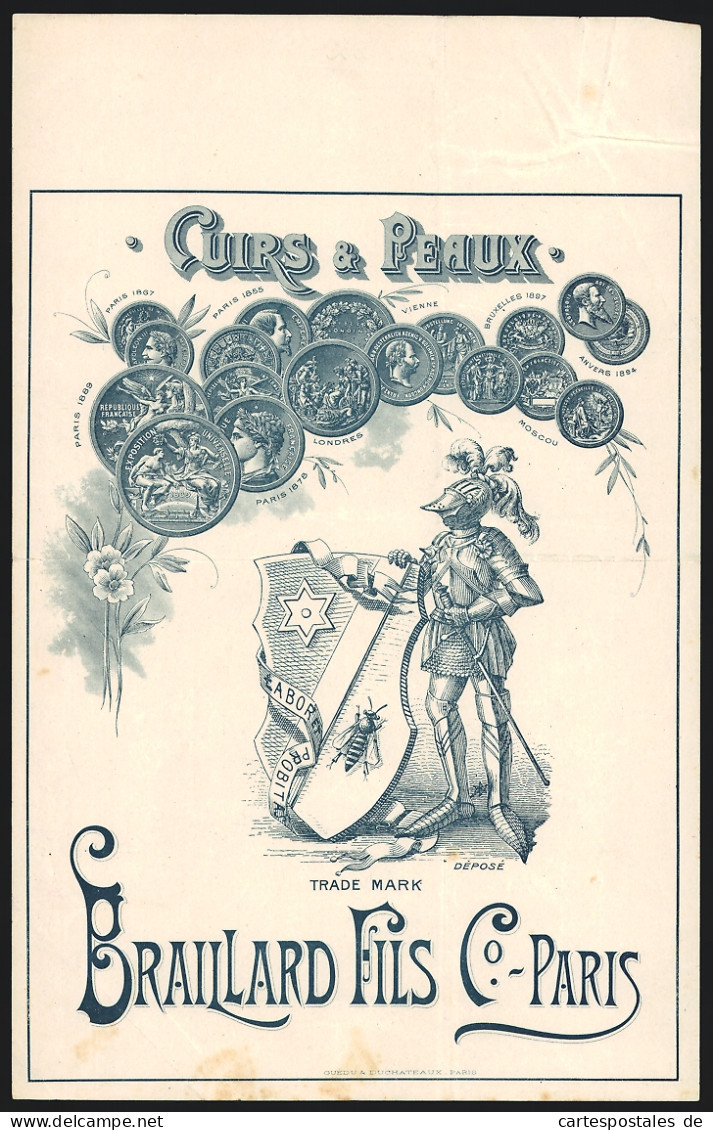 Facture Paris 1922, Braillard Fils & Co., Cuirs & Peaux, Handelsmarke Avec Ritter Et Armoiries, Auszeichnungen  - Autres & Non Classés