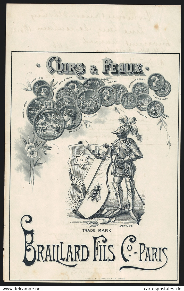 Facture Paris 1923, Braillard Fils & Co., Cuirs & Peaux, Handelsmarke Avec Ritter Et Armoiries, Preis-Medaillen  - Autres & Non Classés