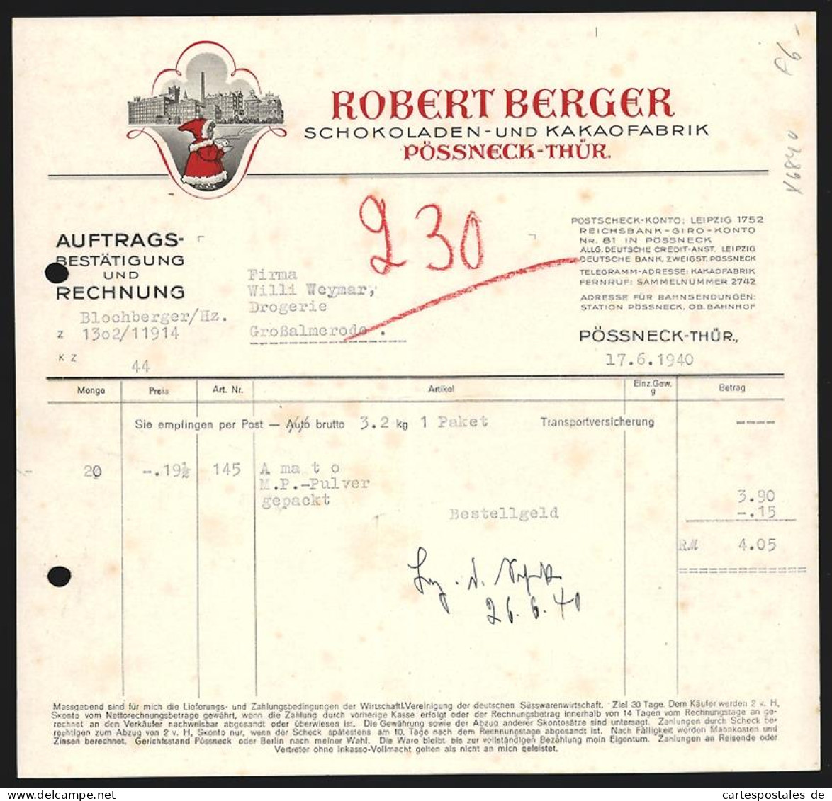 Rechnung Pössneck-Thür. 1940, Robert Berger, Schokoladen- Und Kakaofabrik, Kind Mit Kakao Vor Der Fabrik  - Andere & Zonder Classificatie